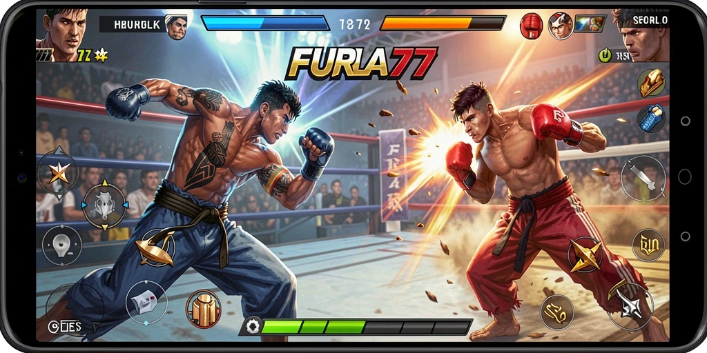 Gameplay FURLA77 yang seru dan menegangkan dalam arena pertarungan.