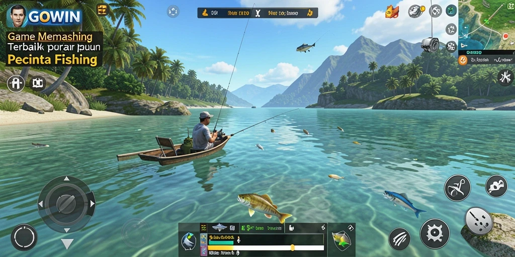 Screenshot GOWIN menunjukkan pemain sedang memancing di danau yang indah.