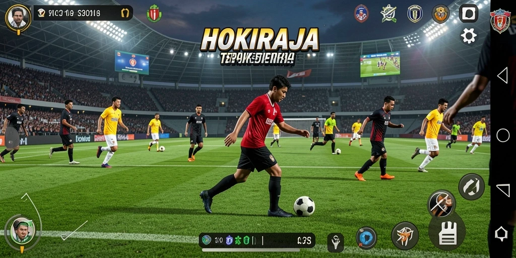 Tangkapan layar dari gameplay HOKIRAJA menunjukkan aksi di lapangan sepak bola.
