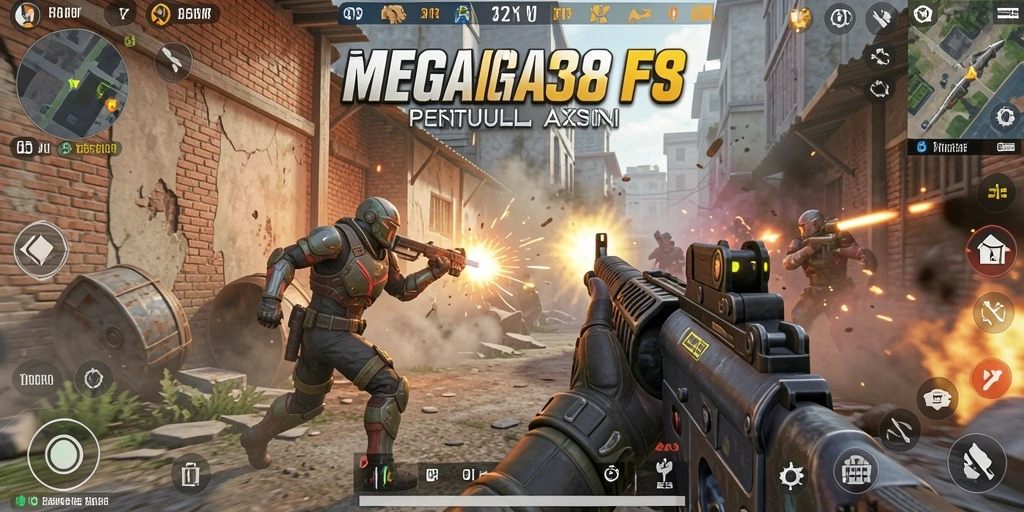 Tangkapan layar utama MEGA338 menunjukkan aksi pertempuran intens dalam mode FPS.