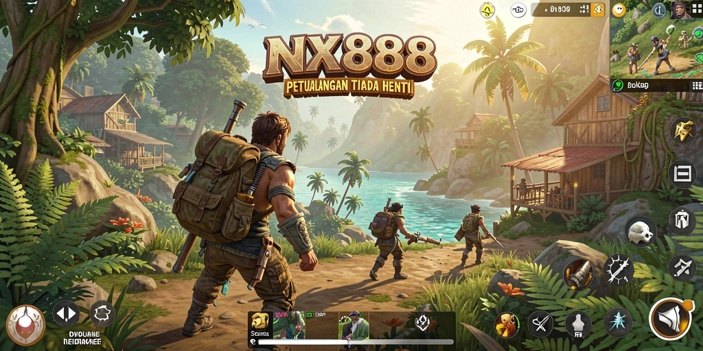 Screenshot utama NX888 menampilkan aksi seru dalam dunia terbuka.
