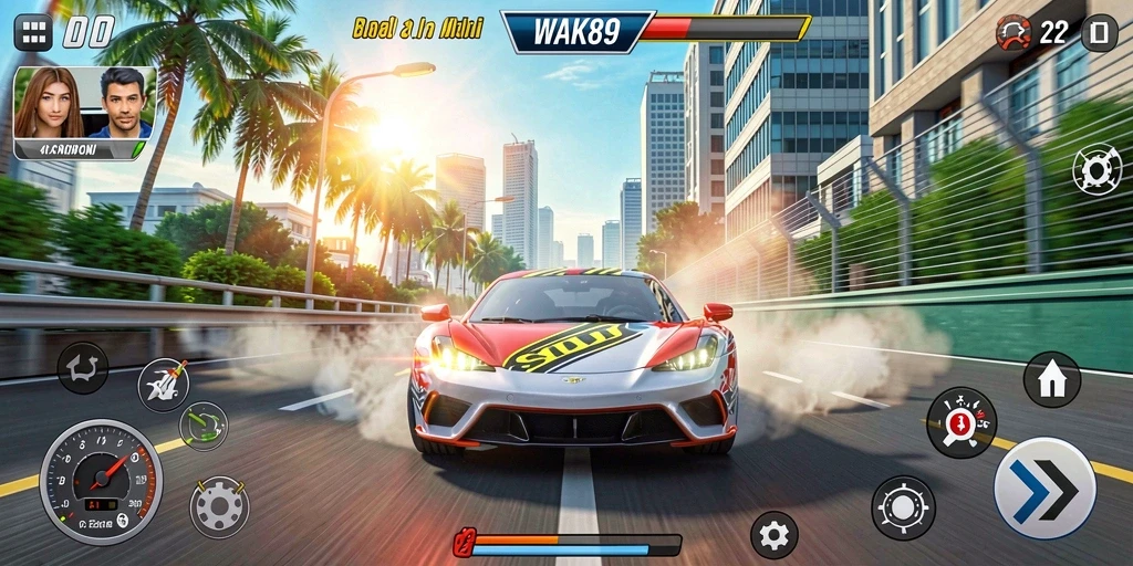 Screenshot WAK89 menampilkan aksi balap mobil yang mendebarkan.